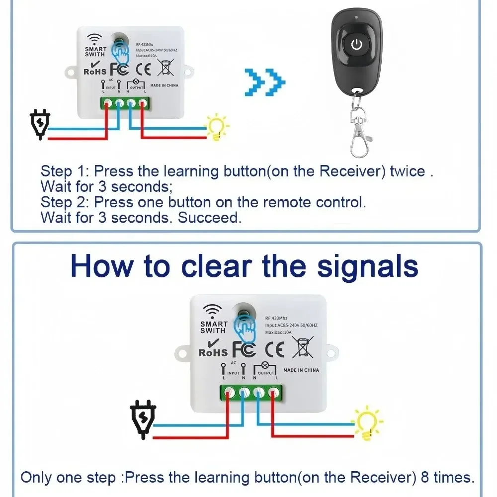RF433 Remote Control Smart Wireless Lighting Switch 110V 220V Mini Module ON/OFF Transmitter For Led Light Bulb DIY Garage Doors