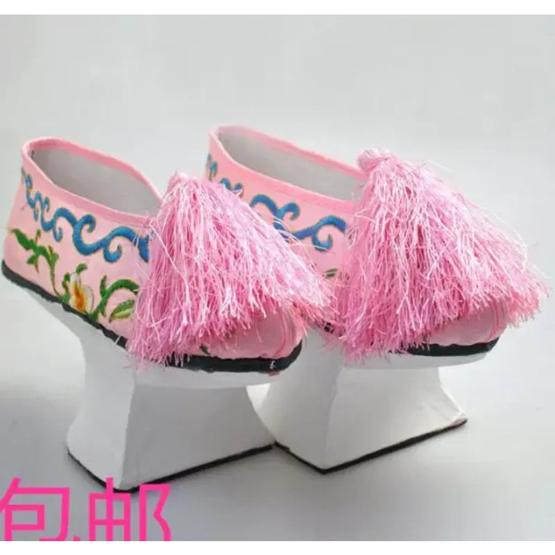 Chinese Qing Dynasty Princess Shoes Women High Heel Embroidered Ancient Performance Stage Vintage