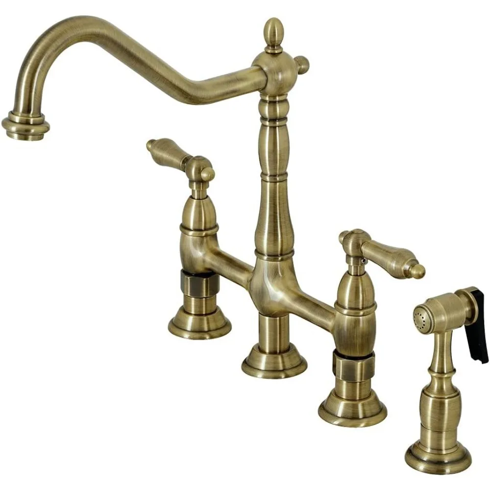 

Heritage Series 8 Kitchen Bridge Faucet with Brass Sprayer in Antique Brass Finish by Kingston Brass KS1273ALBS