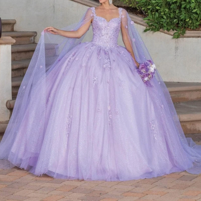 

Elegant Mexican Lilac Women Party Dress With Sleeve Cape V Neck Ball Gown Prom Sepcial Occasion Wear vestidos de 15 quinceañera