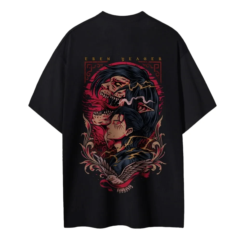 Anime Shingeki No Kyojin T-Shirt Eren Yeager Titan Form Purple Flame Graphic Print Men Women Cotton Oversized Comfort Fit Unisex