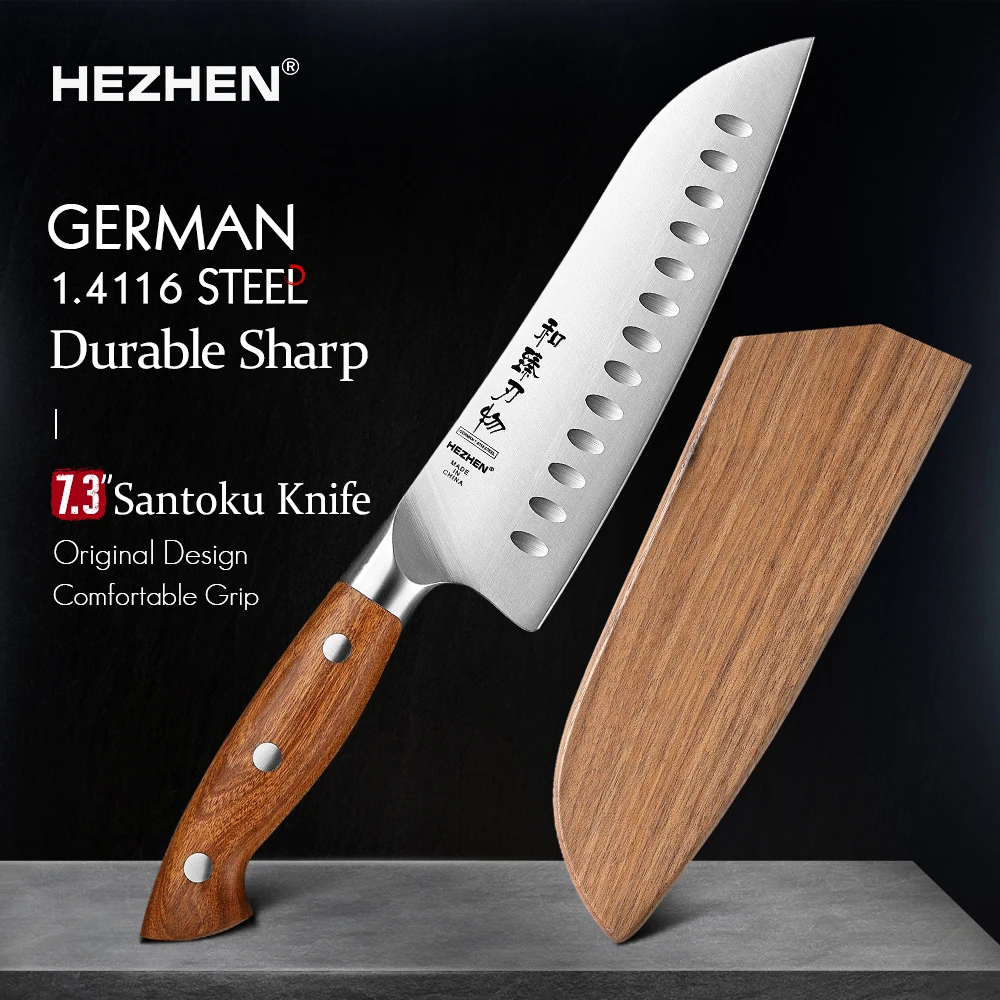HEZHEN 7,3 cala Nóż Santoku 1.4116 stal Czerwony Drewniany Uchwyt Narzędzia kuchenne Ostrze rdzeniowe Nóż kuchenny Akcesoria Pudełko Opakowanie