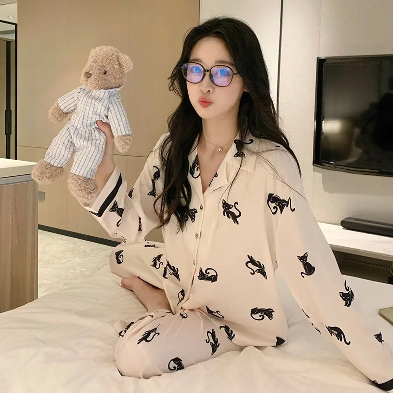 Spring or Summer Smooth and Soft Underwear Ice Silk Pajamas Women's New Long-sleeved Trousers Sweet Loungewear Set age reduction