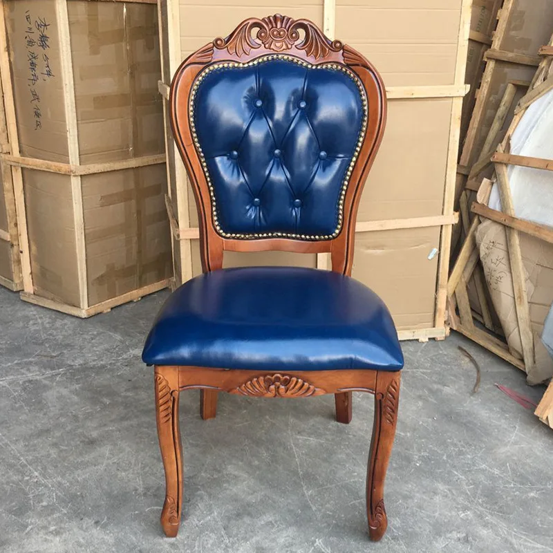 

European solid wood dining blue leather pull button edge chair hotel dining club reception eating chair stool