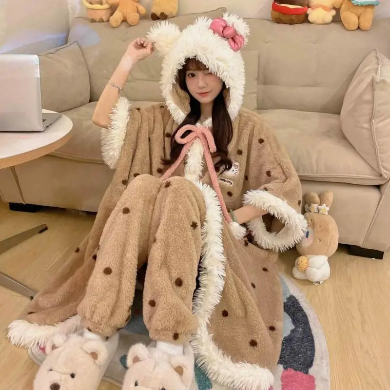 

Kawaii Hellokitty пижамы ночная рубашка пижамы для девочек коралловые бархатные штаны Sanrio плюшевый теплый плащ зимний повседневный комплект домашней одежды