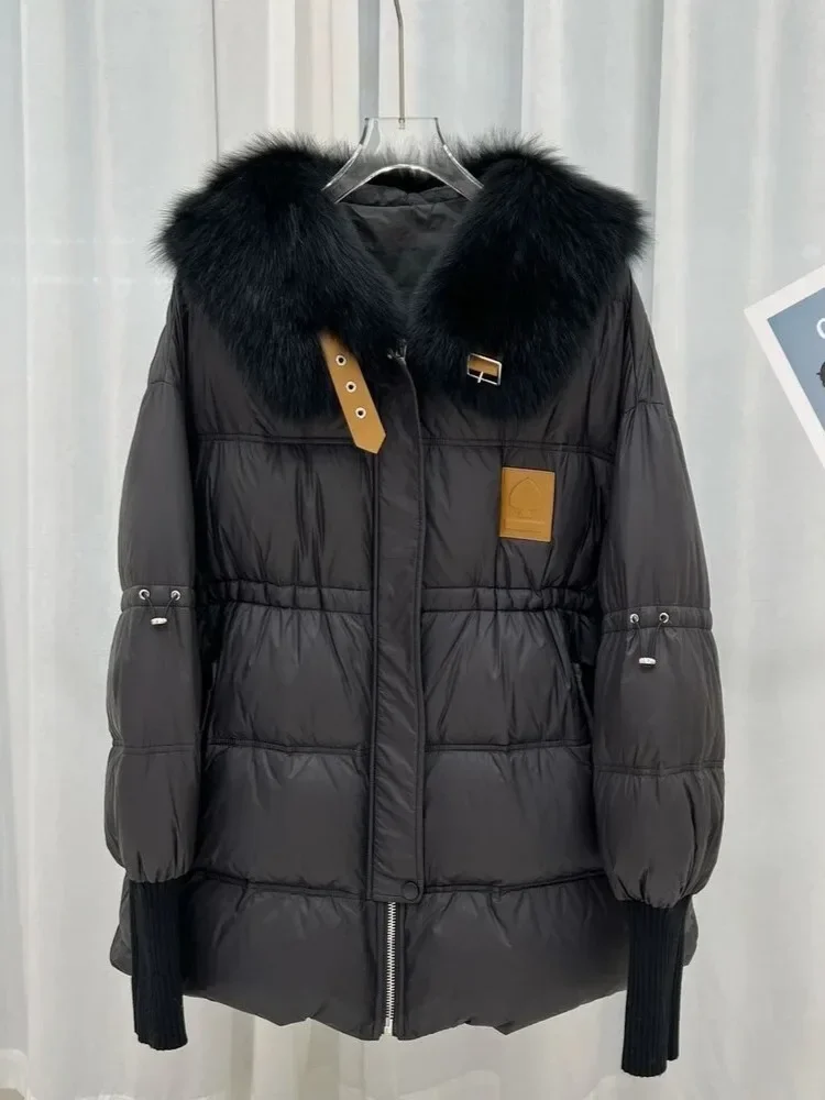 2025년 신상 여성 겨울 90% 화이트 덕 다운 재킷 럭셔리 천연 여우털 칼라 캐주얼 두꺼운 패딩 코트 여성 파카