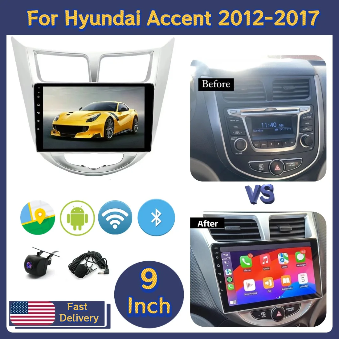 

9inch Car Radio Stereo For Hyundai Accent 2012-2017 For Carplay Android Auto GPS Navi Head Unit 2+64G WiFi Bluetooth Android 15