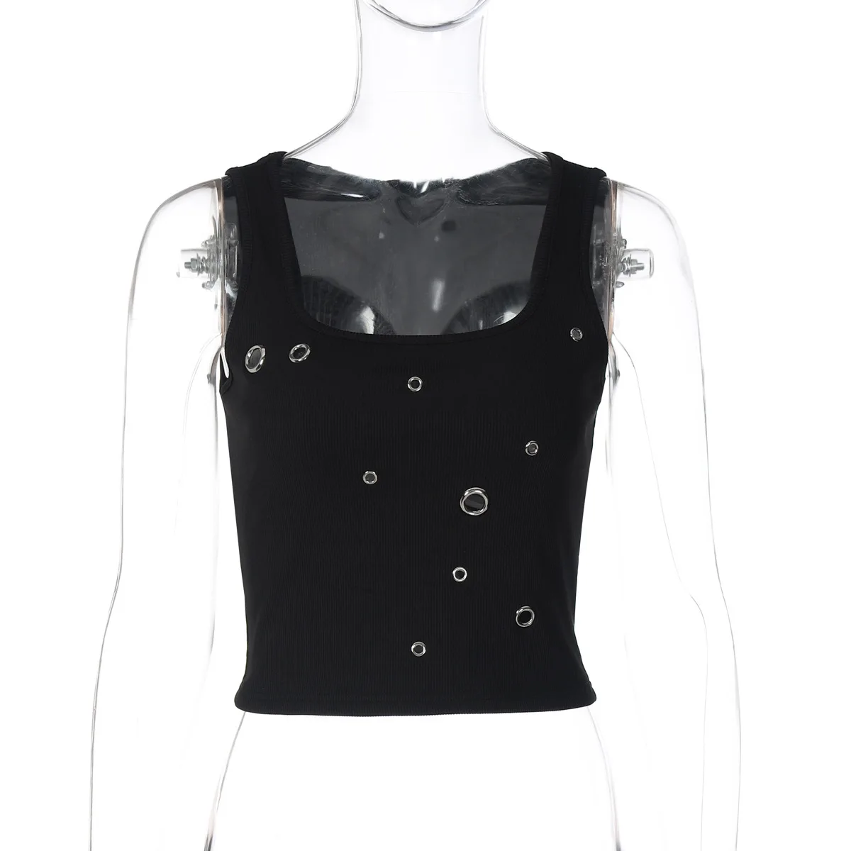 女性用 ブラック キャミトップ ゴールドボタン付き エレガントなメタルディテール ノースリーブベスト ファッション ベーシック デイリーウェア デート