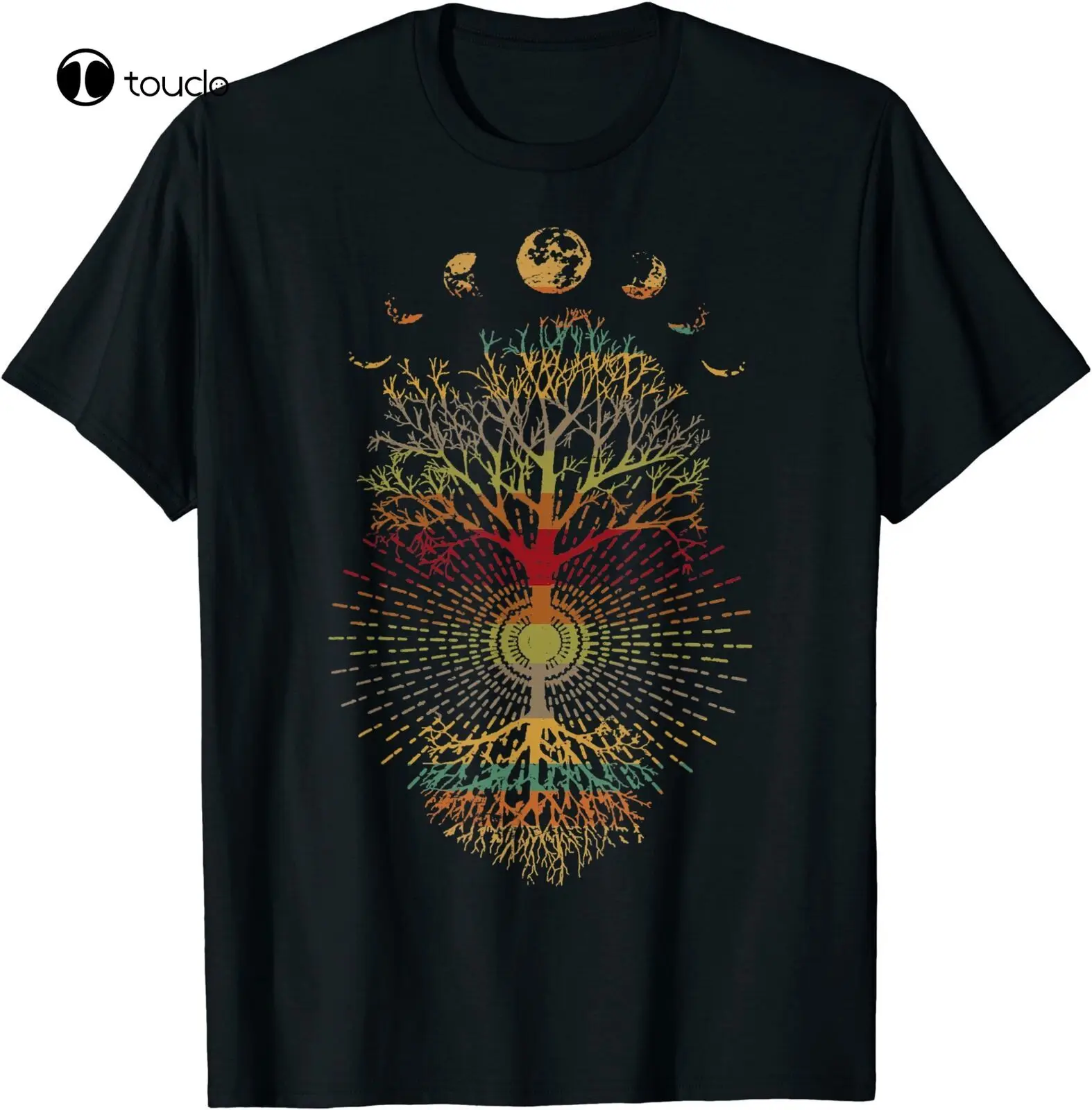 Phases Of The Moon Retro 60'S 70'S Vibe Tree Of Life T-Shirt Black S-5XL fishing shirt