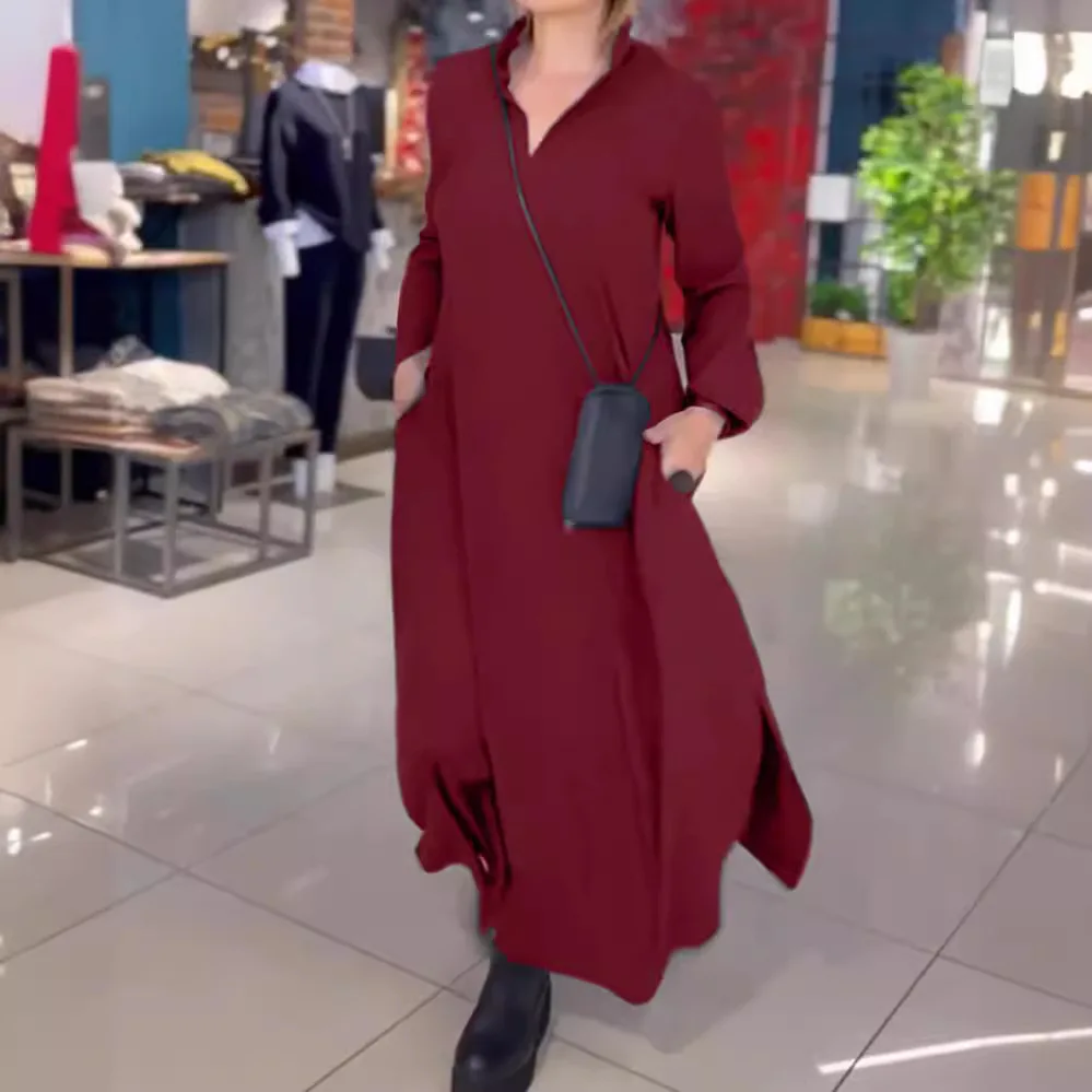 2024  Autumn Winter Solid Fashion Dress Female Elegant Long Sleeve Office Maxi Dresses Casual Women Loose Hem Pullover Robe