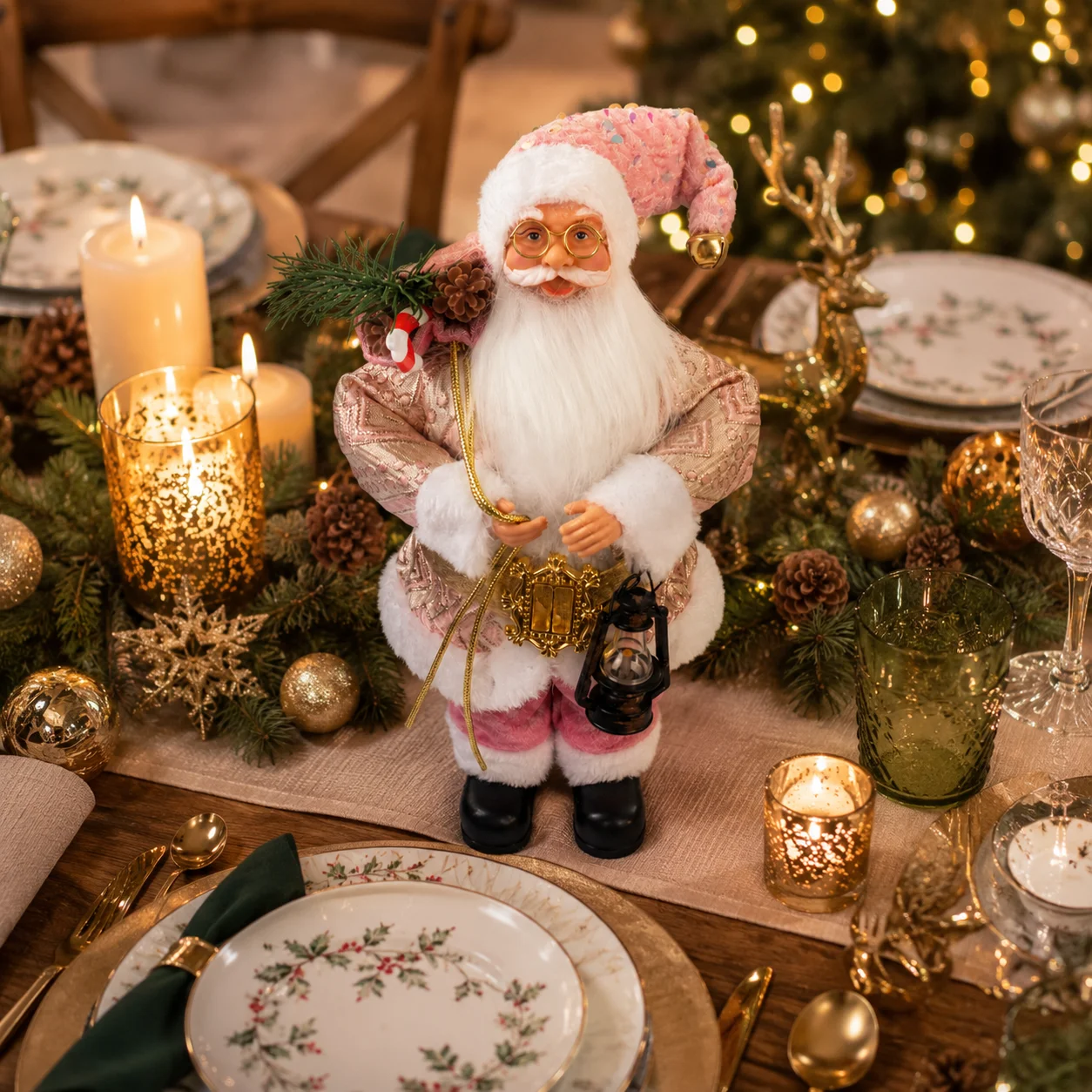 Christmas Santa Claus Figurine 30cm, Pink Sequin Hat Santa Statue with Lantern Pine Branch Decor for Xmas Home Decoration