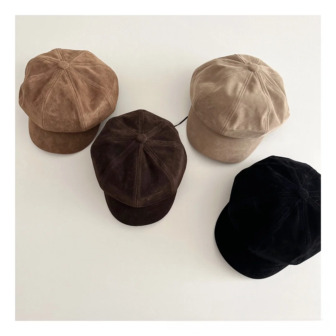 

Kids Vintage Octagonal Beret Unisex Retro Suede Hat Japanese Style Children's Fashion Cap