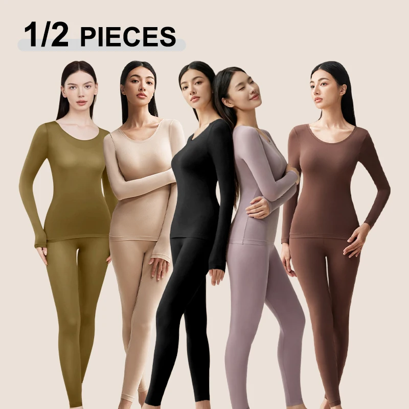 1/2-teiliges Nahtloses Ultra-Dünnes Warmes Unterwäsche-Set für Damen, Einfarbig, Elastisch, Temperaturregulierend, Winter-Bodywarmer, Enganliegende Lingerie
