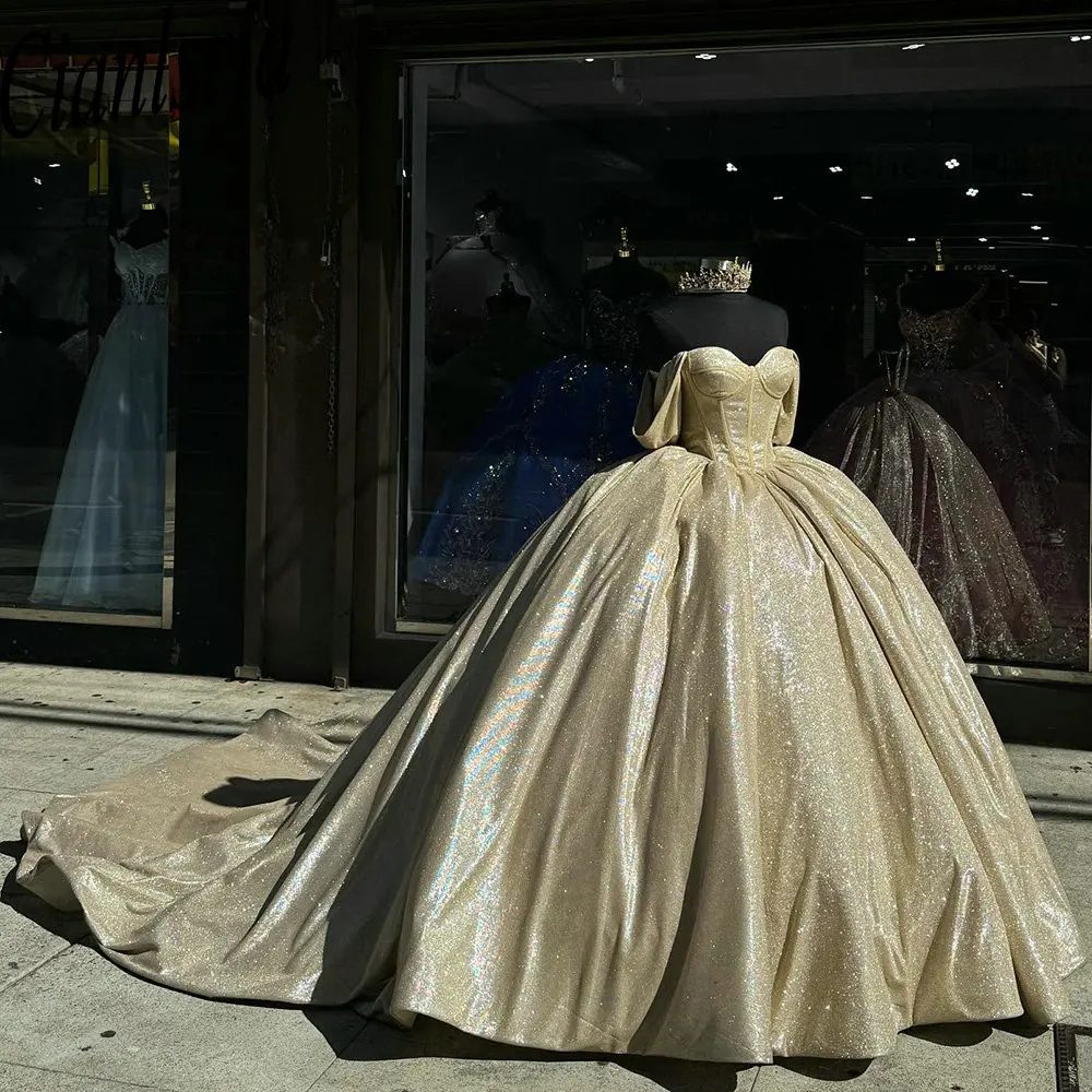 Cristal princesa vestido de baile, brilho dourado, vestidos Quinceanera, fora do espartilho ombro, 15 anos