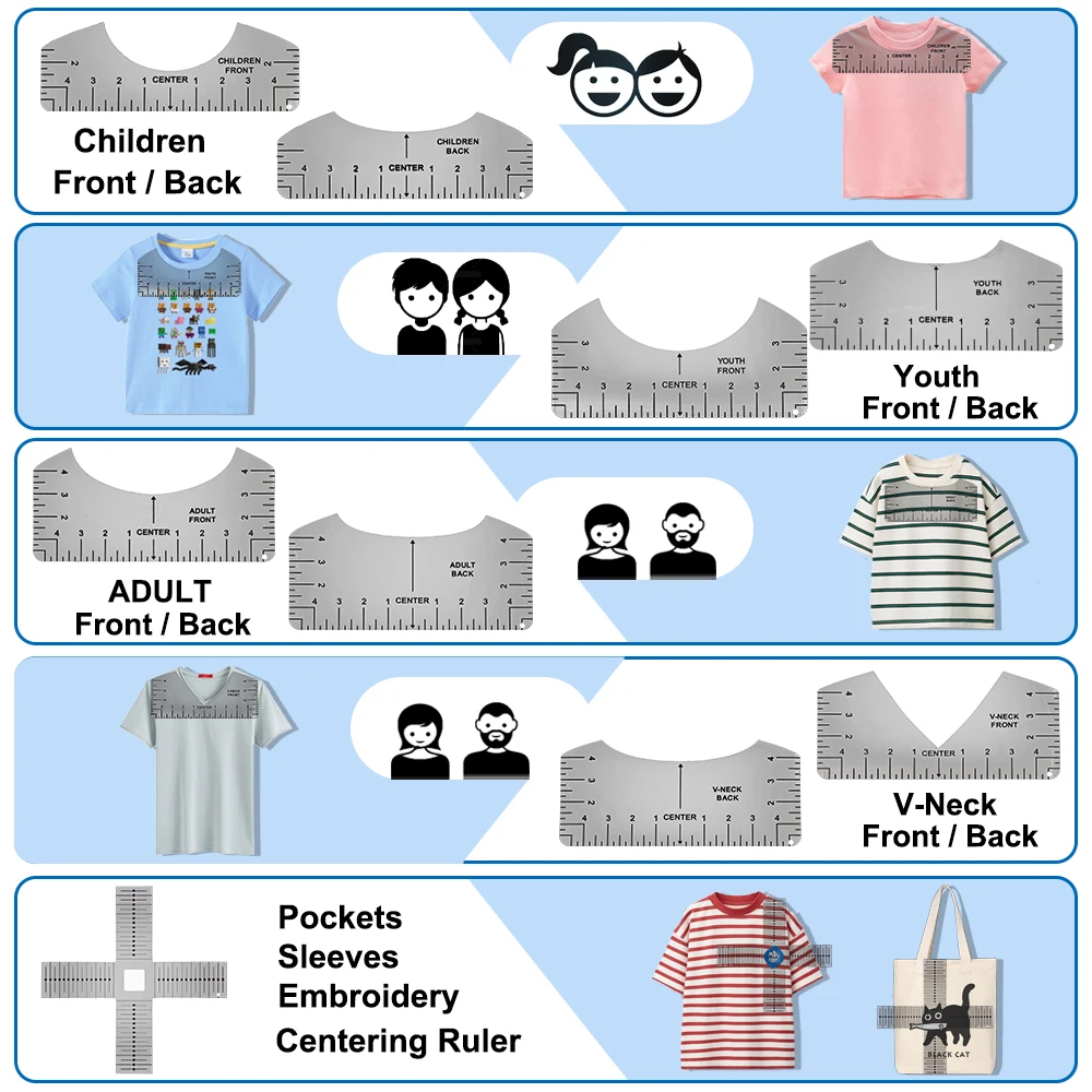 

Newest DTF DTG Vinyl Alignment Ruler Kit with O-Ring for Heat Press Measurement Tool Centering X-Ruler V-Neck Round PVC Ruler