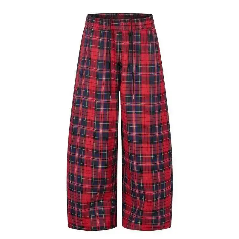 American Style Men's Red Plaid Casual Pants Loose Fit Versatile High Street Elastic Drawstring Casual Trousers H33G