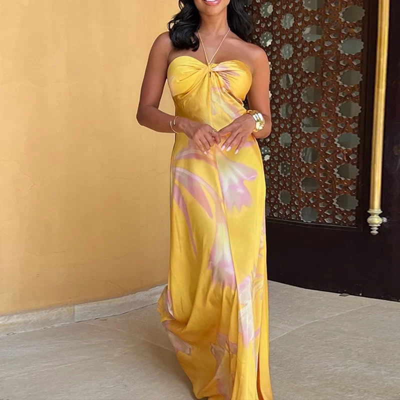 

Yellow Printed Halter Satin Women's Dress New Summer Hollow Off Shoulder Bohemian Dress Sexy Sleeveless Slim Party Long Dresses