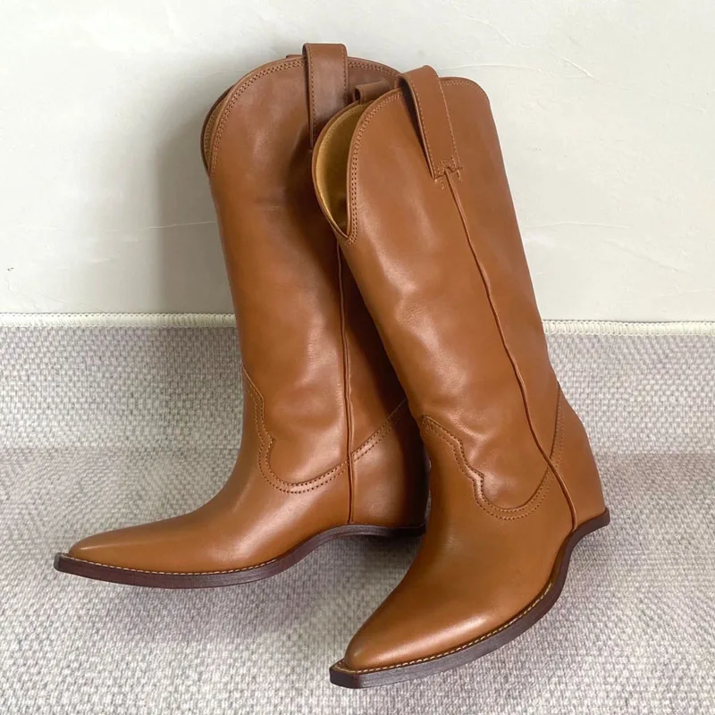 High Quality Women's Genuine Leather Fashion High Boots Pointed Toe Retro Female Western Boots Height-increasing Shoes