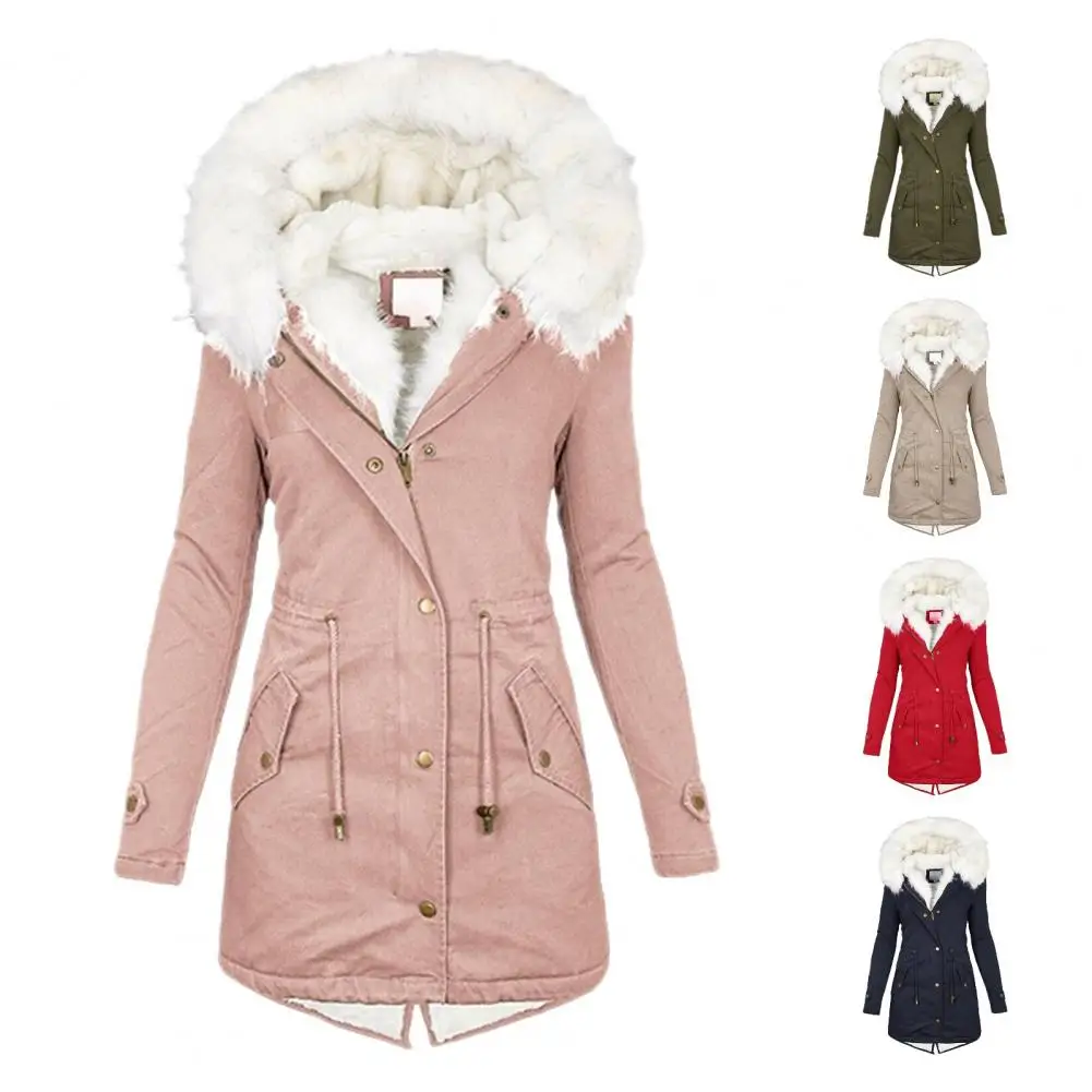 Autumn Witner Lady Coat Coat With Furry Hooded Thick Plush Lined Mid Length Outerwear Solid Color Pocket Drawstring Waist Jacket