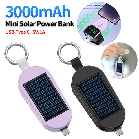 3000mAh Wireless Portable Phone Charger Mini Emergency Power Bank Type C Mobile Power Solar Charger Keychain for Travel Camping