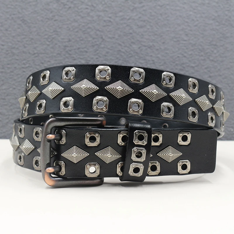 

mens fashion hip hop rock rivets belts black trendy soft leather studded belt double pin buckle designer waistband women strapon