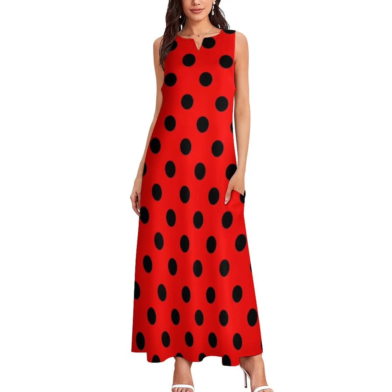 Red and Black polka dots Ladybug Pattern Halloween Outfit Long Dress Aesthetic clothing summer dress woman 2025 trendy Dress