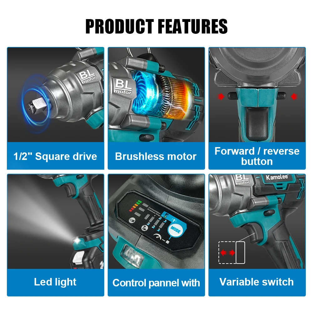 Kamolee 1/2 inch 2600NM Brushless Electric Wrench Cordless Impact Wrench Handheld Power Tool Apply to 18v 21V Battery