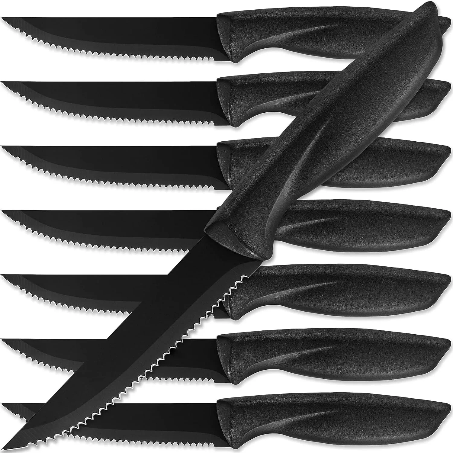 High-End 1/2/4/6/8 Cooles schwarzes Küchenmesser, Steakmesser-Set, gezahntes Messer mit PP-Kunststoffgriff aus Edelstahl, Küchenmesserset