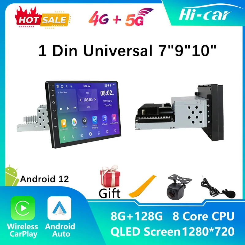 

Hicar 1Din Android Car Radio for Universal Car Radio Stereo 4G Wireless CarPlay GPS Navigation Multimedia Video Player Head Unit