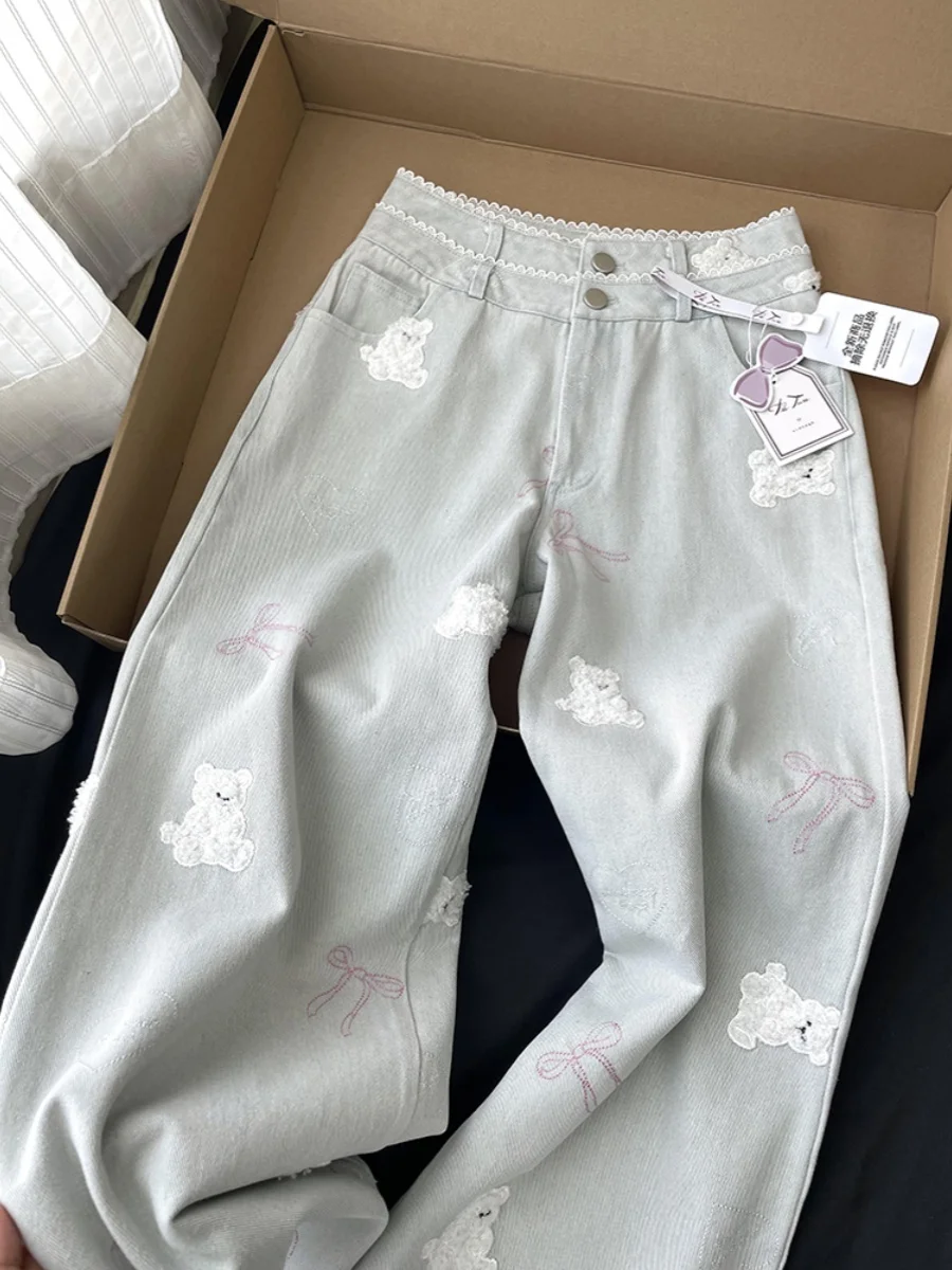 

Летние тонкие джинсы с вышивкой и кружевной отделкой, женские, с высокой талией, прямые, широкие, длинные брюки, винтажный дизайн, эффект похудения