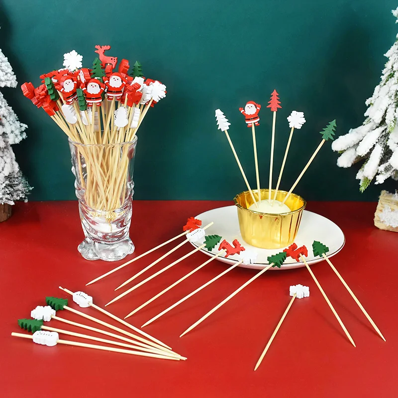 

100pc Christmas Disposable Bamboo Skewers Food Picks Fruit Fork Christmas Party Decor Cake Dessert Salad Sticks Toothpick Skewer