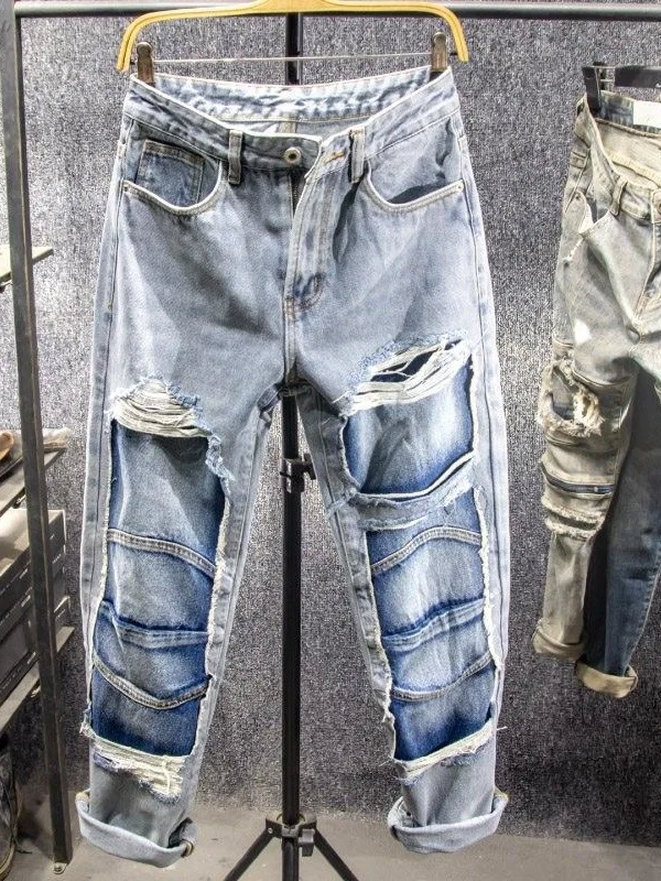 American Style Streetwear Ripped Patchwork Jeans Men's Loose Straight Leg Fashionable Trendy Large Size Casual Straight Jeans