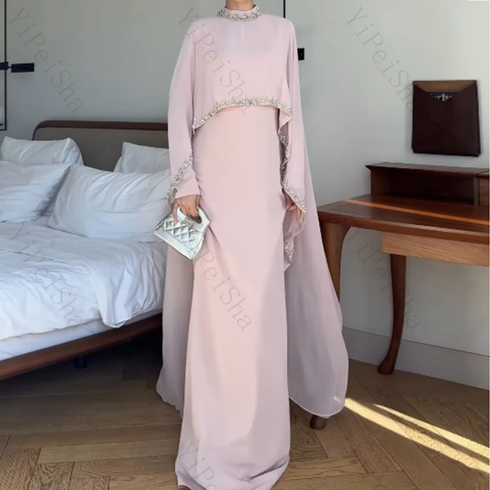

Customized A-line Evening Dresses Floor-length High-neck Full Sleeve Prom Gown Simple Fashion Stole Crystal Draped Party Gown