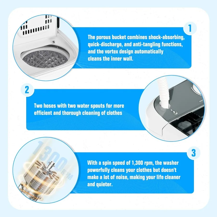 Mesin Cuci Portabel dengan Selang Lebih Panjang, Mesin Cuci Twin Tub Mini Kompak dengan Pompa Pembuangan 16lbs, Mesin Cuci Portabel Dr