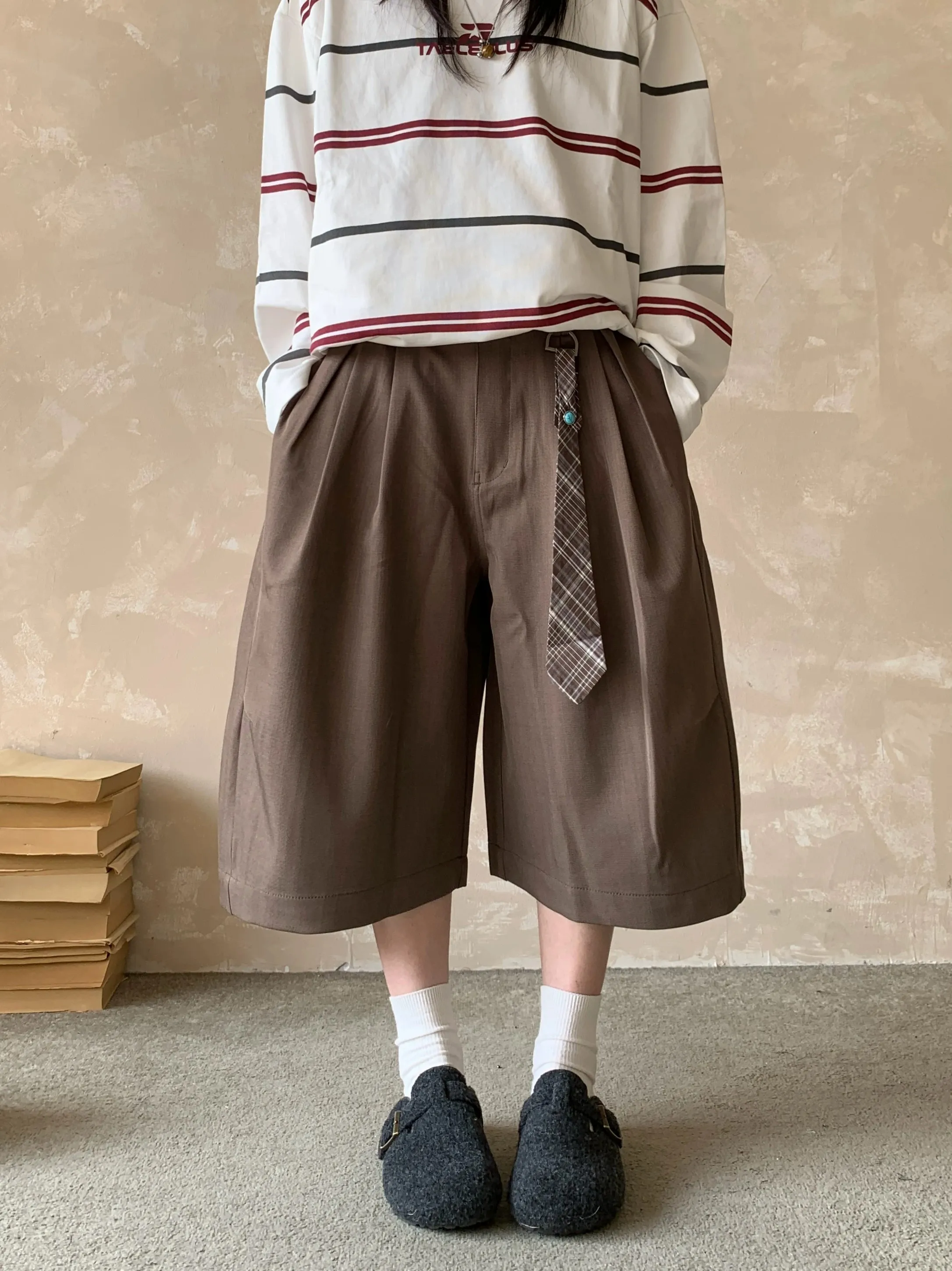 Summer Vintage Pleated Casual Seven-Five Wide Leg Pants Men Women Loose Slimming Drapey Couple Match All-Match Short Pants