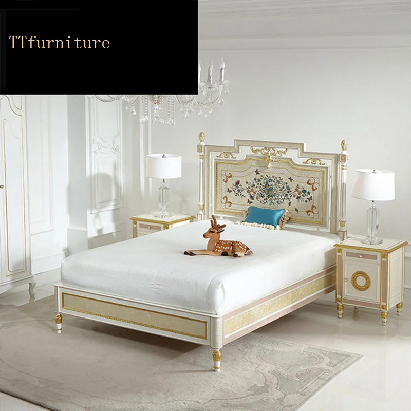 

modern european Italian solid wood genuine leather bed Fashion Carved luxurious french bedroom set furniture king size jx119