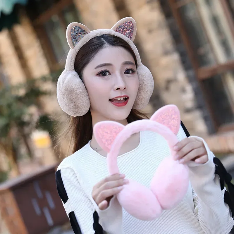 Winter Warm Plush Earmuffs for Women Girls Children Riding Ski Ear Protection Cartoon Cute Cat\'s Ears Fur Soft Cashmere Earflaps