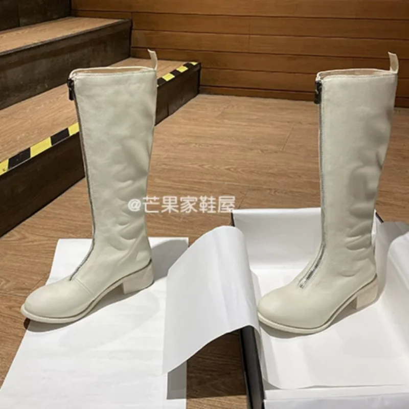 Front Zippers Shoes for Womens Round Toes Chunky High Heels Sewing Lines Female Mid Calf Boots Pleated Chassure Femme Stitching