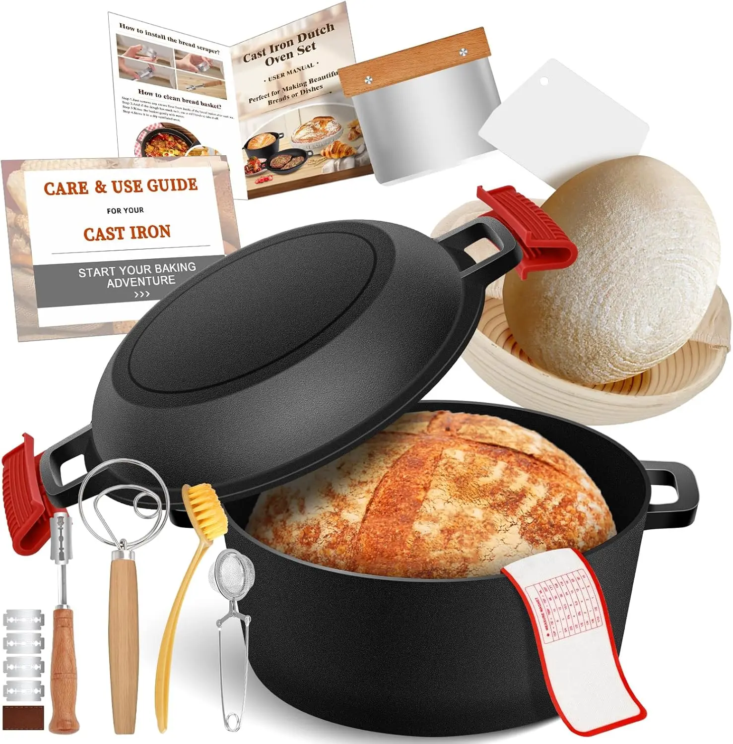

5QT Cast Iron Dutch Oven with Skillet Lid for Bread Baking, Includes Proofing Basket and Tools