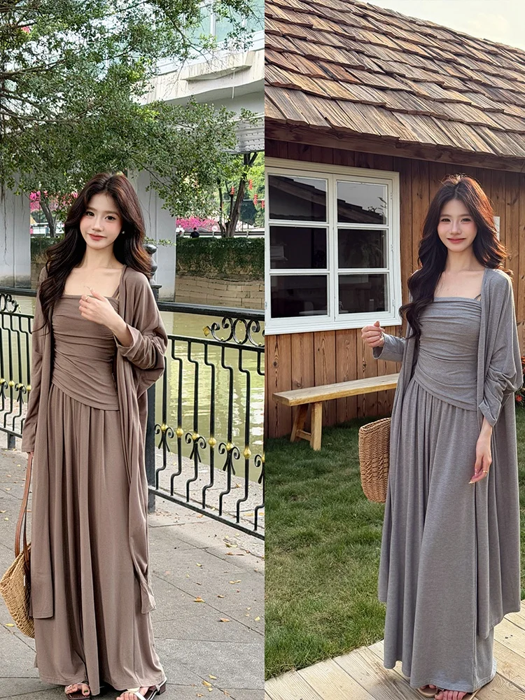 

Spring Long Open Cardigan Slimming Strap Top High Waist Wide Leg Pants Tee Piece Set Faionable Breathable Cotton Blend