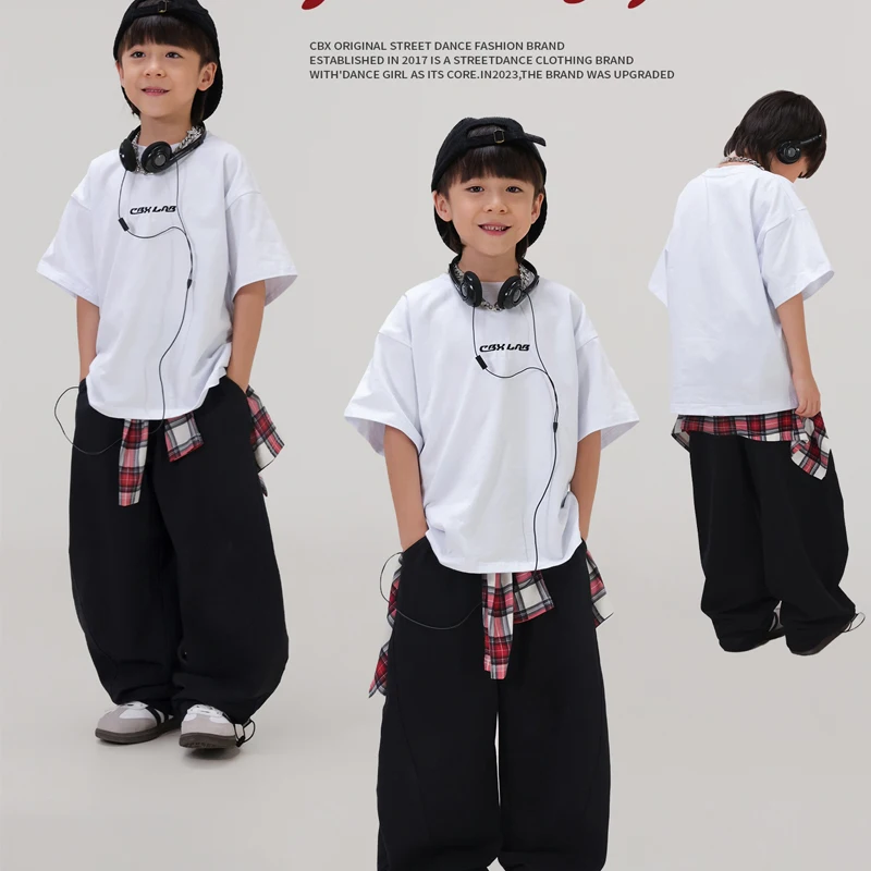 2024 Kids Jazz Dance Performance Costumes For Girls White T-Shirt Black Pants Streetwear Boys Hip Hop Dance Clothing DQS17068