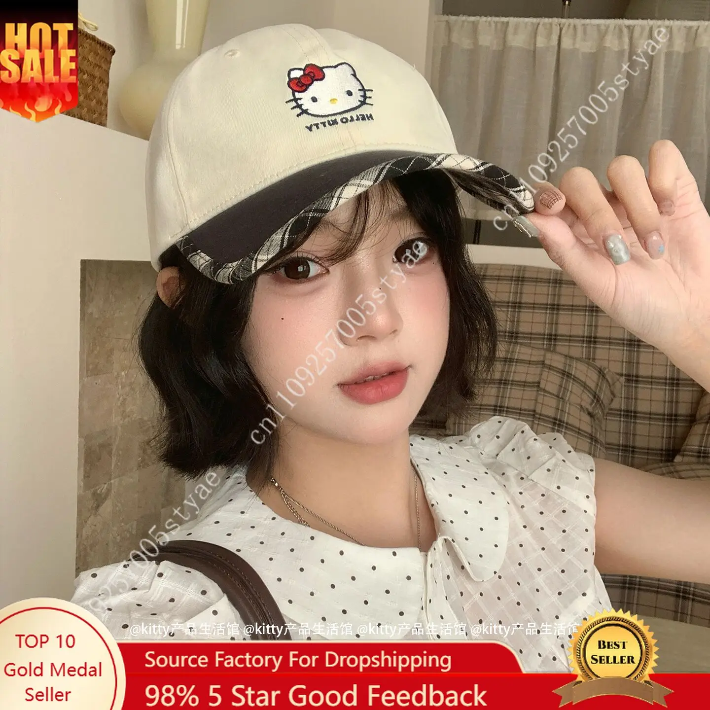 

Officially Licensed Sanrio Hello Kitty Embroidered Color-blocked Baseball Cap for Girls Spring Style Cute Duckbill Cap