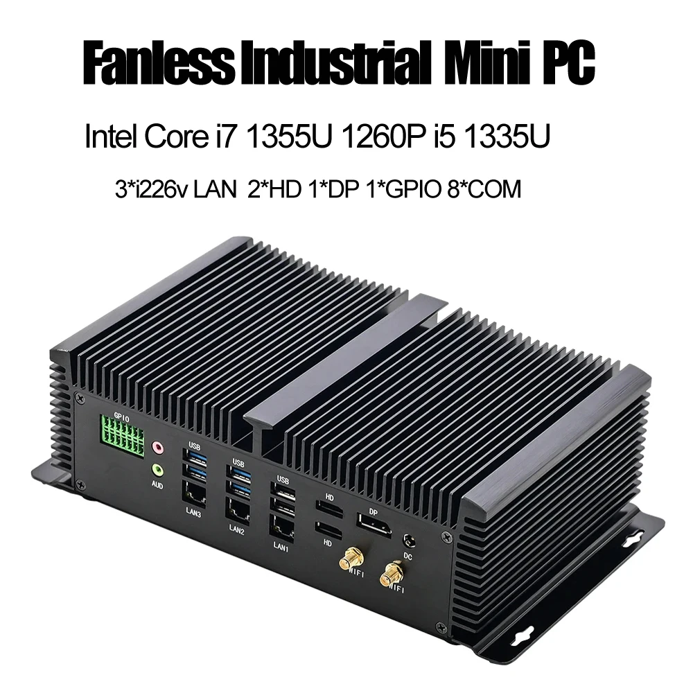 ITX Industrial Solid Mini PC i7 1355U i5 1335U 3xi226-V 2.5G 2xDDR5 2xPCIe4.0 8xCOM GPIO Fanless Computer 2xHD 1xDP Win11