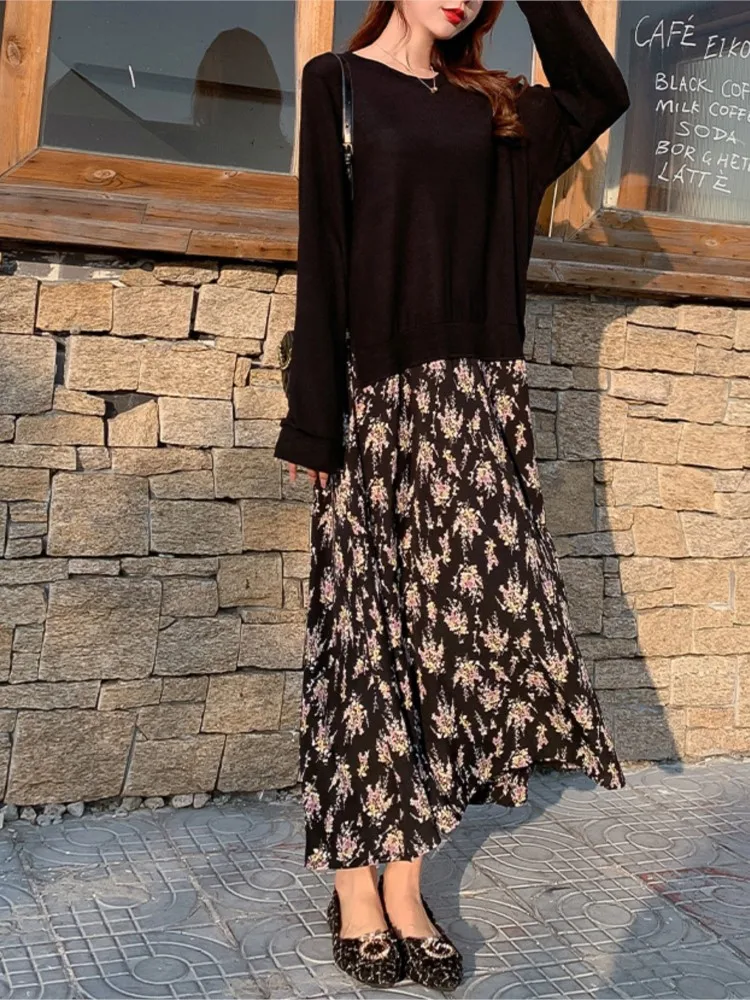 ربيع الخريف جديد فضفاض فساتين حريمي المرقعة كم طويل تي شيرت طباعة رداء وهمية قطعتين فستان طويل السيدات Vestidos