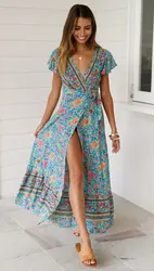 Summer Dress Women 2024 Short Sleeveless Casual V-neck Floral Print Boho Beach Long Dress S-3XL Sexy Split Party Robe
