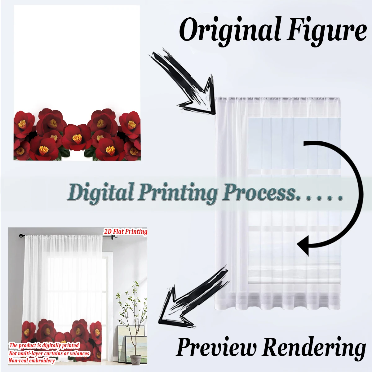 ستارة شفافة بطباعة مسطحة من كاميليا سينينسيس باللون الأحمر، قماش خفيف، لغرفة المعيشة وغرفة النوم وديكور المنزل والنافذة