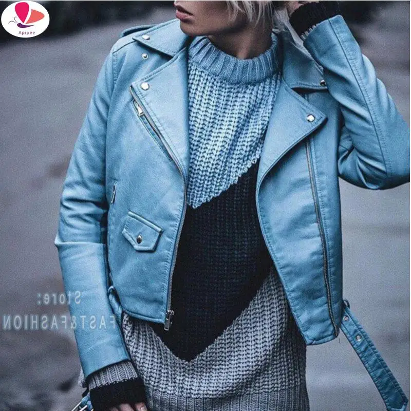 2024 New Fashion Women Spring Autunm Black Blue Fake Faux Leather Jackets Lady PU Zipper Pocket Motorcycle Outerwear Coat Belt