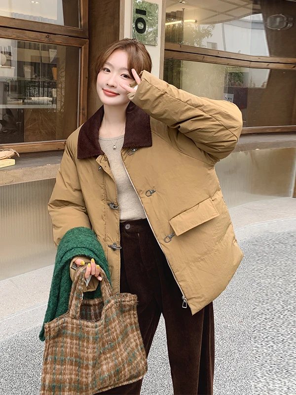 레트로 한국 스타일 컬러 블록 다운 재킷 여성용 겨울 흰색 다운 코트 따뜻하고 멋스러운 스트레이트 컷