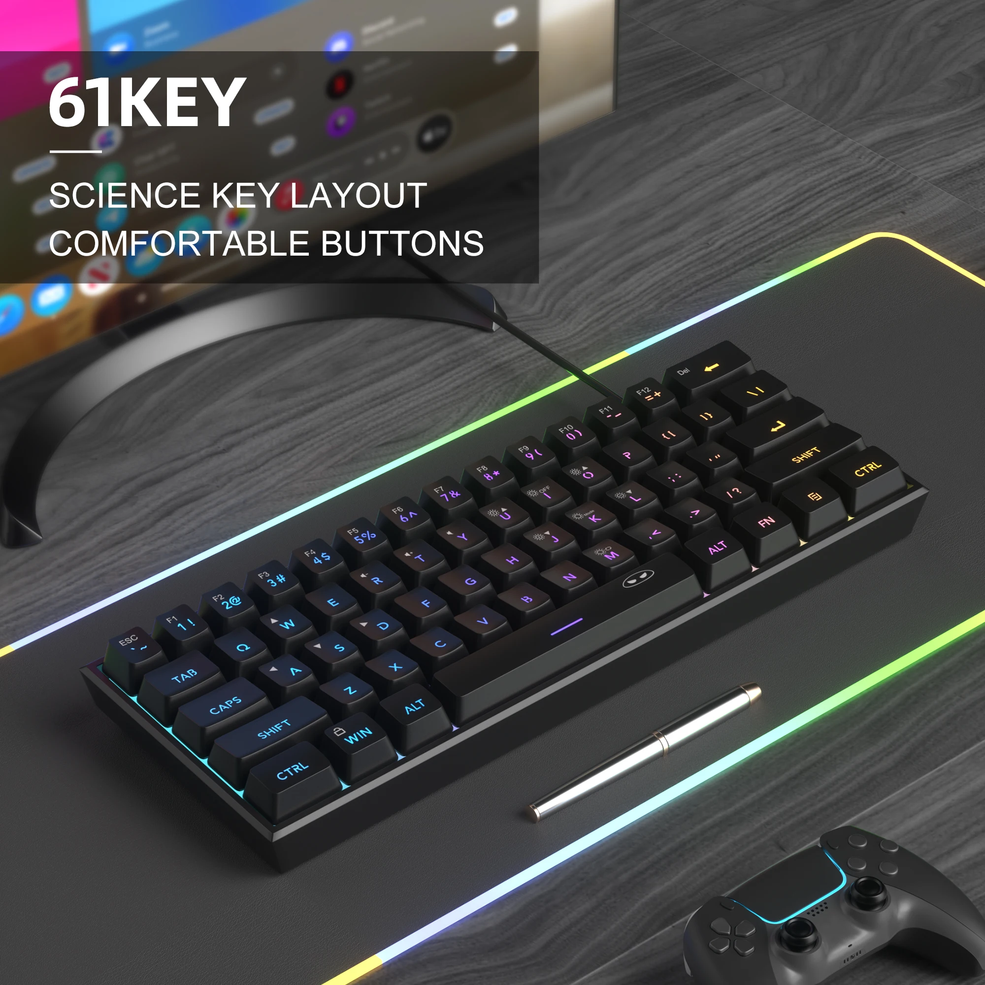 MageGee Mini %60 Oyun Klavyesi, RGB Arkadan Aydınlatmalı 61-Tuş Ultra Kompakt Klavye, TS91 Ergonomik Su Geçirmez Mekanik Duygu Ofisi