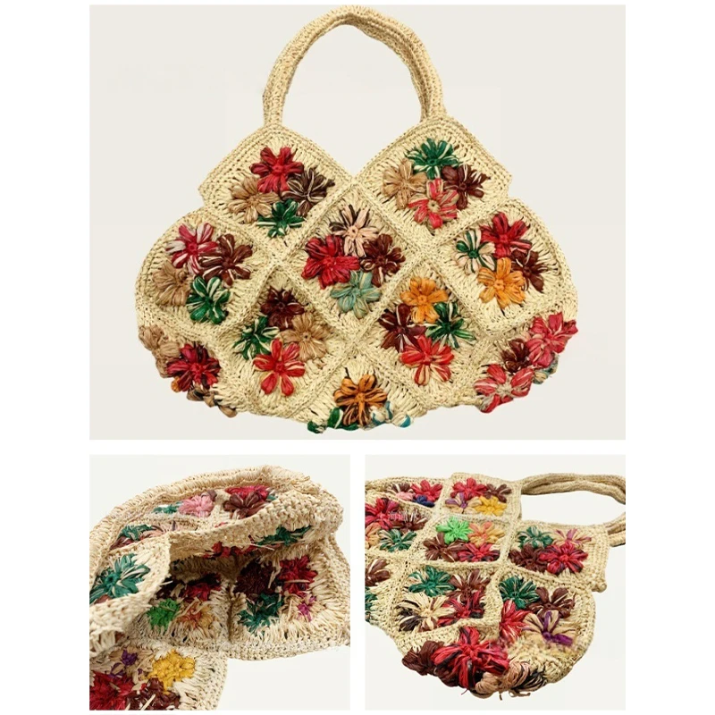 Hochwertige Handgefertigte Raffia-Schultertasche Exquisite Gewebte Stroh-Tragetasche Offene Bunte Blumen-Diamantmuster Einkaufstasche – Detail 14